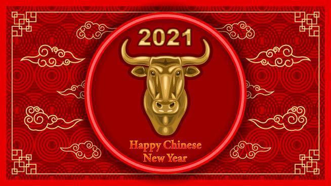 Banner do ano novo chinês de 2021 com cabeça de touro de metal vetor