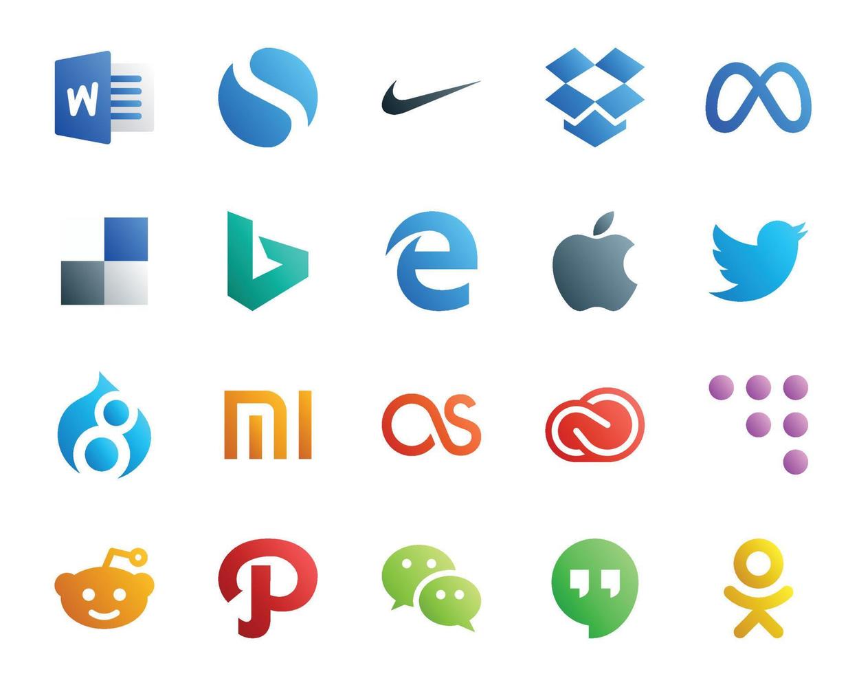 20 pacotes de ícones de mídia social, incluindo adobe creative cloud edge lastfm drupal vetor