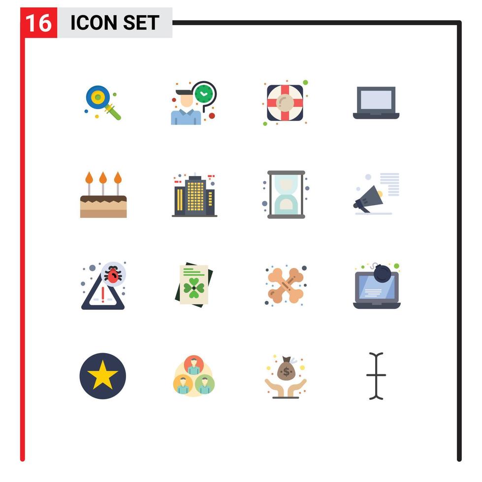 conjunto de cores planas de interface móvel de 16 pictogramas de celebração de feriado ajuda pacote editável de laptop de bolo de elementos de design de vetores criativos