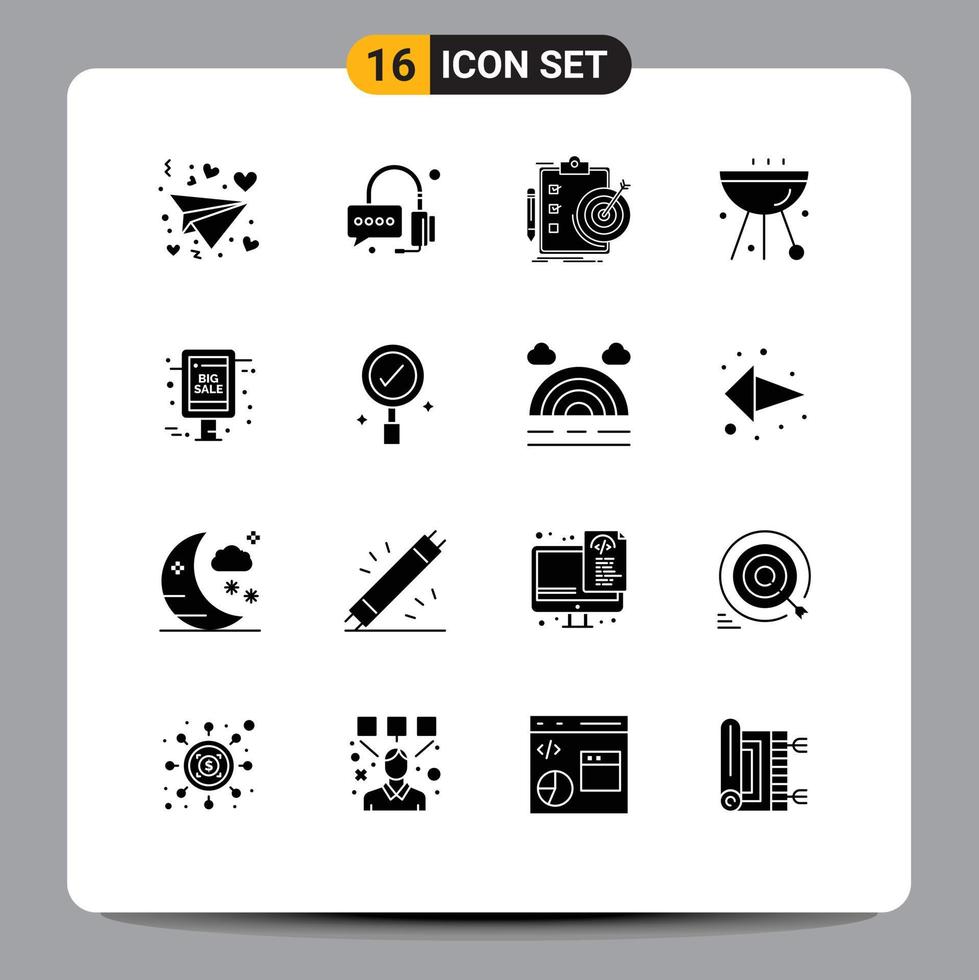 16 ícones criativos, sinais modernos e símbolos de grande venda, análise de grelha, comida, churrasco, elementos de design de vetores editáveis