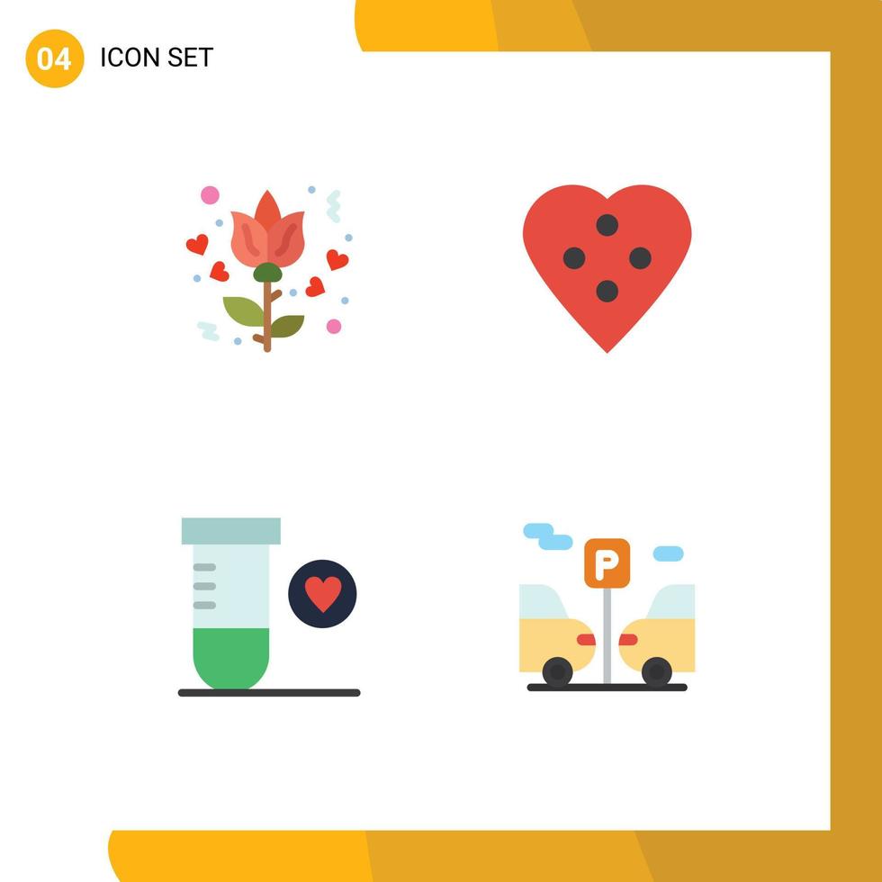 pacote de 4 sinais e símbolos de ícones planos modernos para mídia impressa na web, como botão de ciência de flores, botão de coração, elementos de design de vetores editáveis