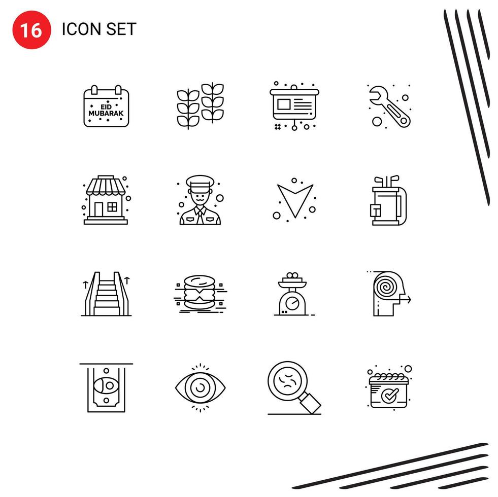pacote de 16 contornos modernos, sinais e símbolos para mídia impressa na web, como ferramentas de crescimento de chave de compras, apresentação de elementos de design vetorial editáveis vetor