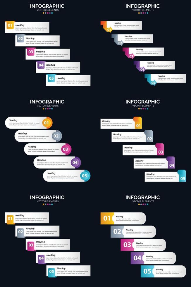 aprimore sua apresentação com o pacote de infográficos vetor 6. incluindo 5 etapas e cronogramas