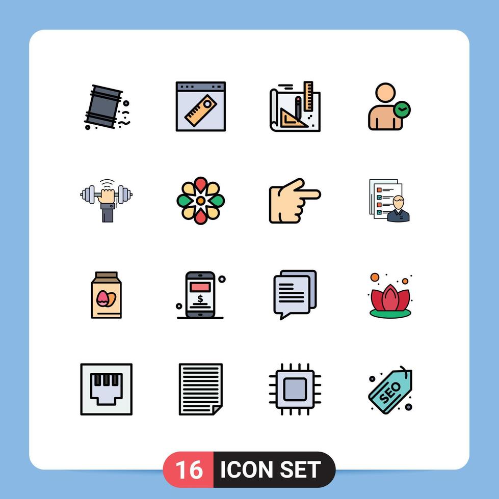 16 sinais de linha cheia de cores planas universais, símbolos de tempo de haltere, lápis de usuário do site, elementos de design de vetores criativos editáveis