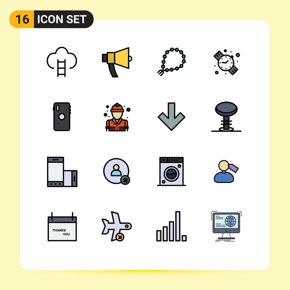 conjunto de 16 linhas preenchidas de cores planas vetoriais na grade para relógio de mão de volta à escola megafone muçulmano rezar elementos de design de vetores criativos editáveis
