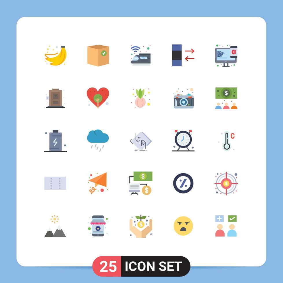 conjunto de cores planas de interface móvel de 25 pictogramas de dados de design, coluna de remessa, trem, elementos de design de vetores editáveis