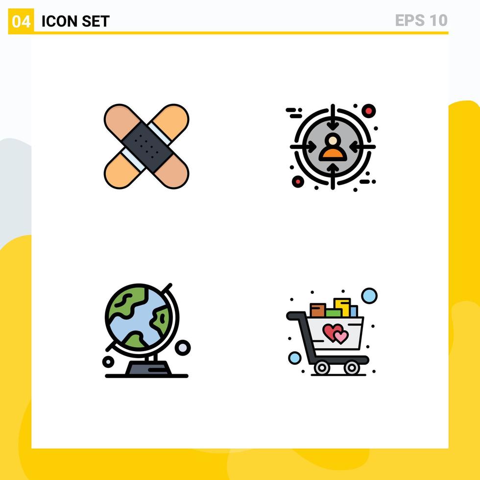 conjunto de cores planas de linha preenchida de interface móvel de 4 pictogramas de kit de destino de ajuda elementos de design de vetores editáveis do mundo do público