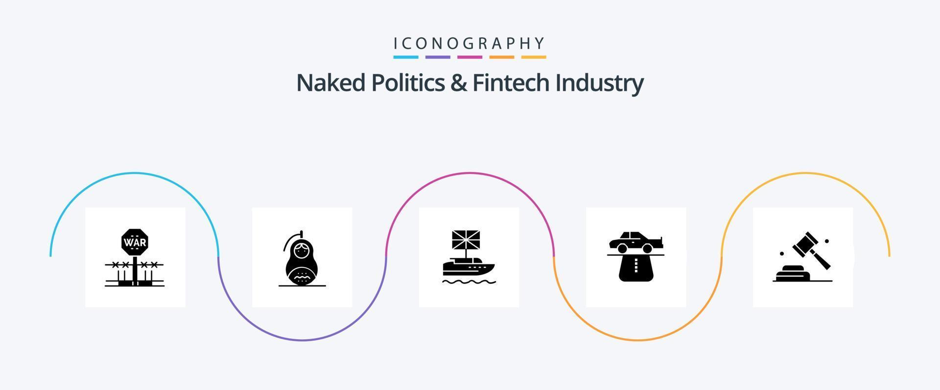 política nua e pacote de ícones do glifo 5 da indústria fintech, incluindo carro. vantagem. Paz. Reino Unido. europeu vetor