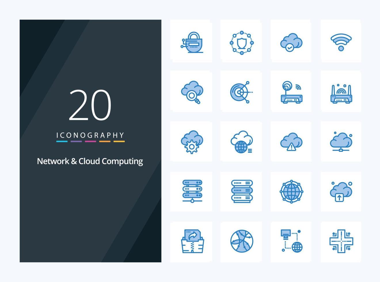 20 ícone de cor azul de rede e computação em nuvem para apresentação vetor