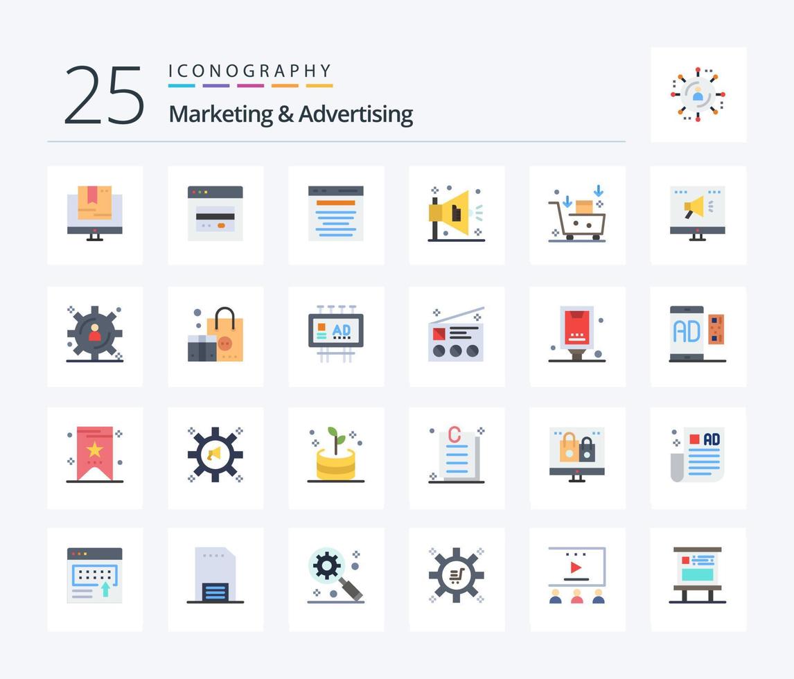marketing e publicidade pacote de ícones de 25 cores planas, incluindo publicidade por e-mail. propaganda. marketing. de Anúncios. marketing vetor