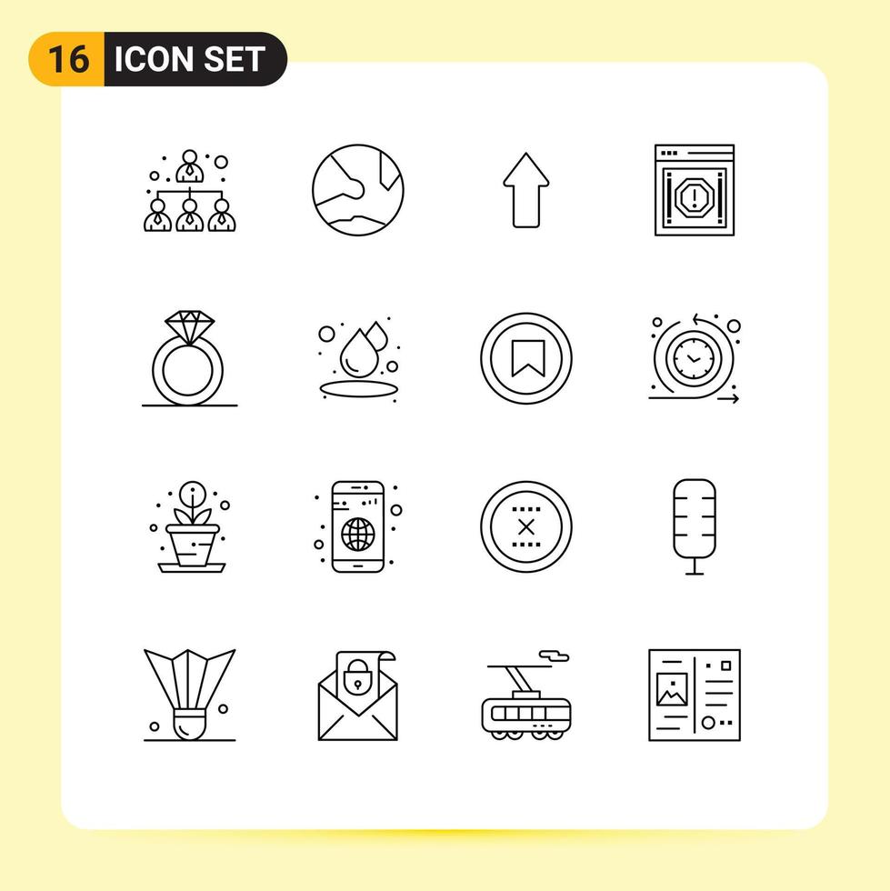 conjunto moderno de 16 contornos e símbolos, como alerta de mensagem de seta de notificação de diamante, elementos de design de vetores editáveis