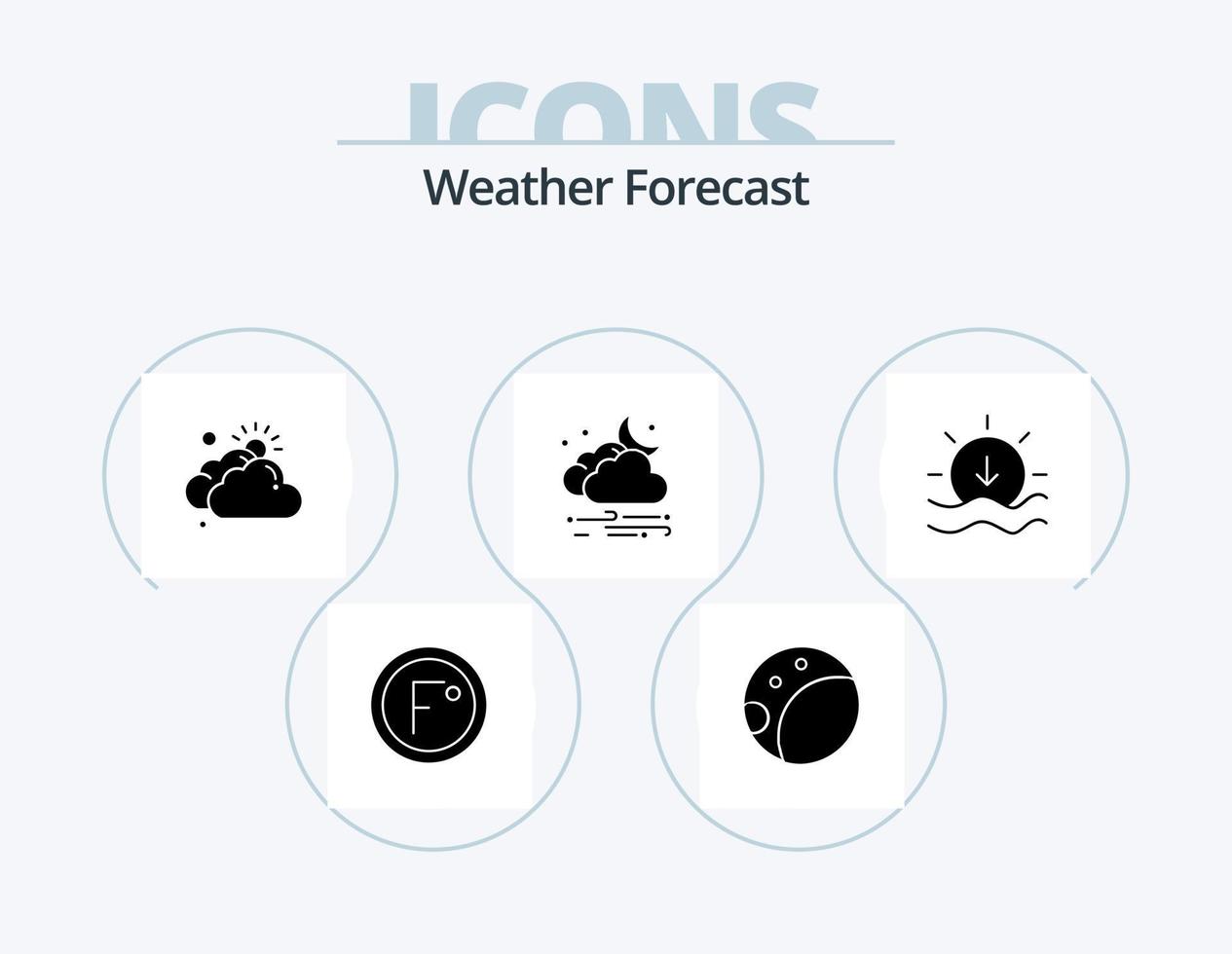 design de ícones do pacote de ícones do glifo meteorológico 5. pôr do sol. nuvem. nebuloso. lua. vento vetor