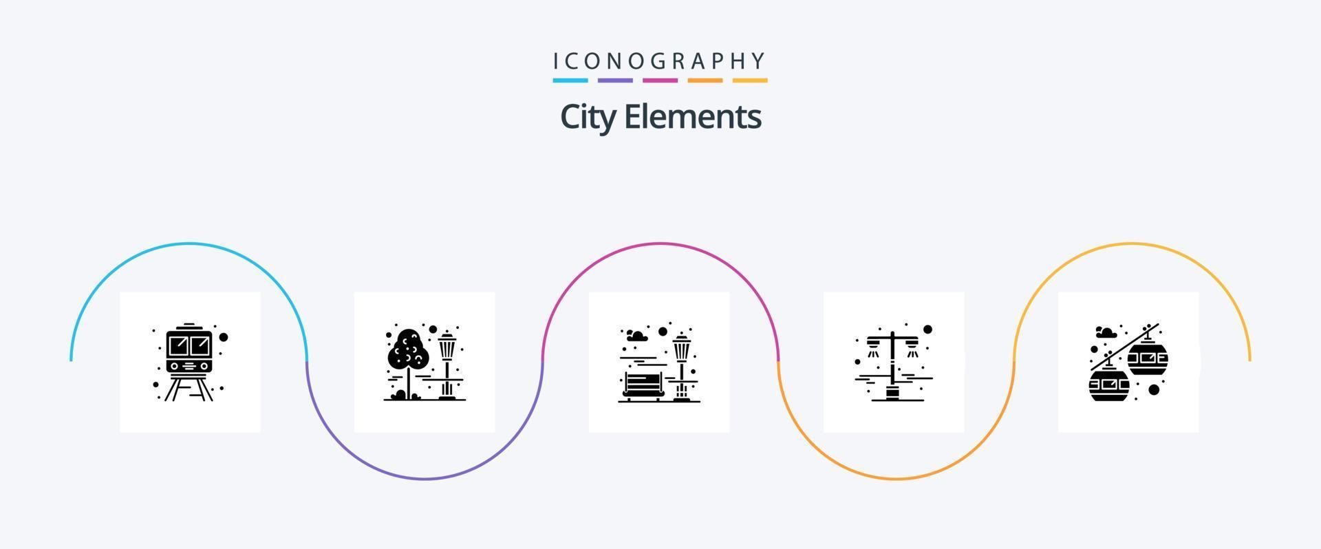 pacote de ícones de glifo 5 de elementos da cidade, incluindo elevador de cadeira. bonde, bondinho. cidade. luz da estrada. claro vetor