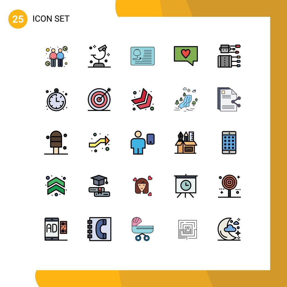 pacote de interface do usuário de 25 cores planas de linha preenchida básica da ciência do amor da acupuntura, como elementos de design de vetores editáveis de saúde