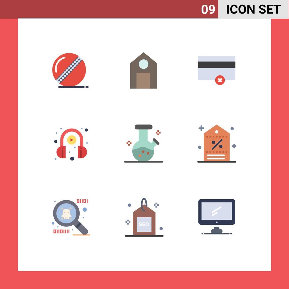 conjunto de pictogramas de 9 cores planas simples de frasco de demonstração de poção finanças jogar fone de ouvido elementos de design de vetores editáveis