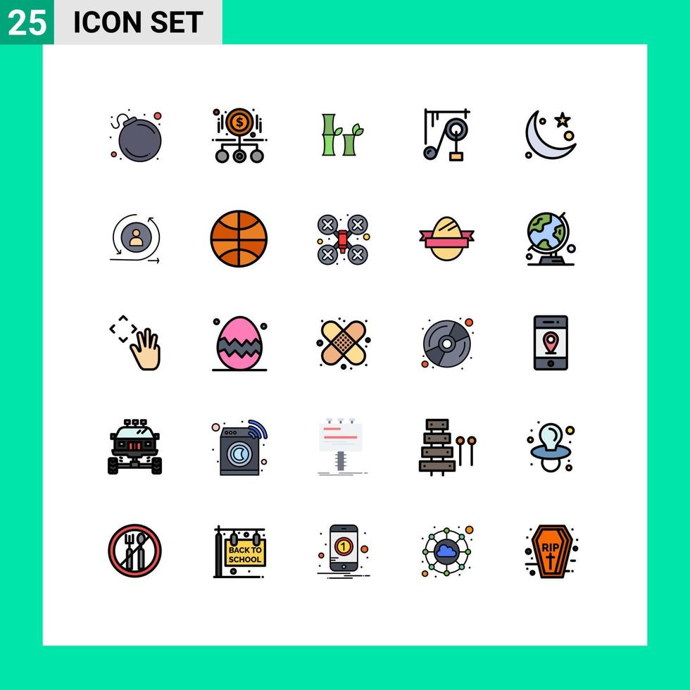 conjunto moderno de 25 cores planas de linha preenchida e símbolos como lua crescente bambu ciência máquina máquina elementos de design de vetores editáveis