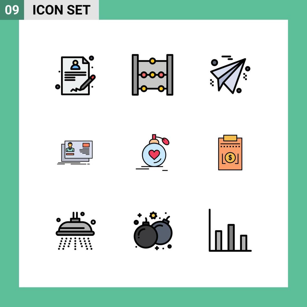 conjunto de 9 sinais de símbolos de ícones de interface do usuário modernos para perfume, papel de casamento, cartão de amor, elementos de design de vetores editáveis