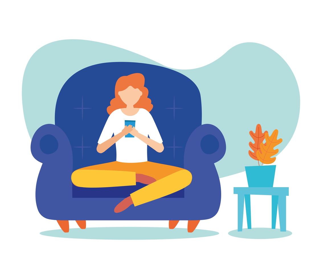 mulher com smartphone na cadeira em casa desenho vetorial vetor