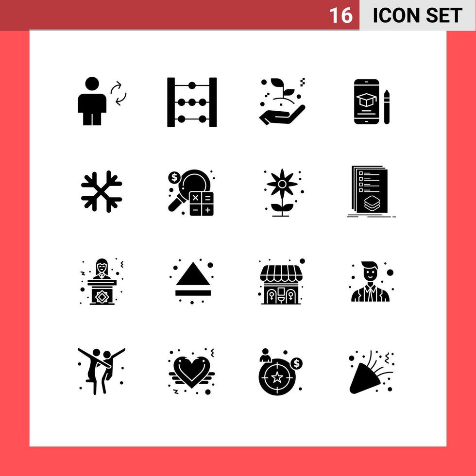conjunto de pictogramas de 16 glifos sólidos simples de boné de formatura de inicialização de negócios móveis de neve elementos de design de vetores editáveis