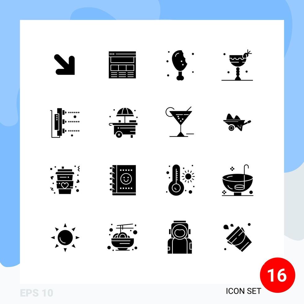 grupo de símbolos de ícone universal de 16 glifos sólidos modernos de impressão comem coquetel de comida de perna de frango elementos de design de vetores editáveis