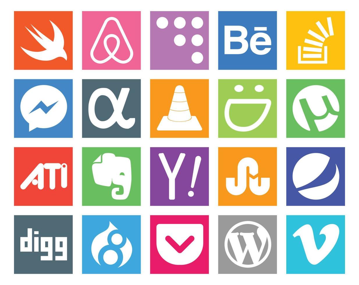 20 pacotes de ícones de mídia social, incluindo yahoo ati messenger utorrent player vetor