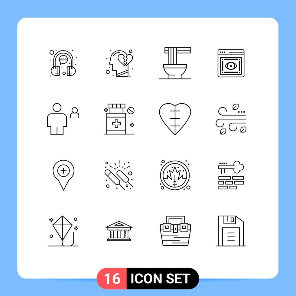 16 pacote de esboço de interface de usuário de sinais e símbolos modernos de visibilidade de avatar quebrar coração retina ramen elementos de design de vetores editáveis