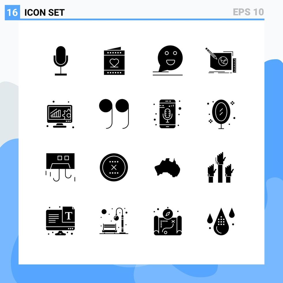 conjunto de pictogramas de 16 glifos sólidos simples de conteúdo de quadro, comentário de e-mail dos namorados, elementos de design de vetores editáveis