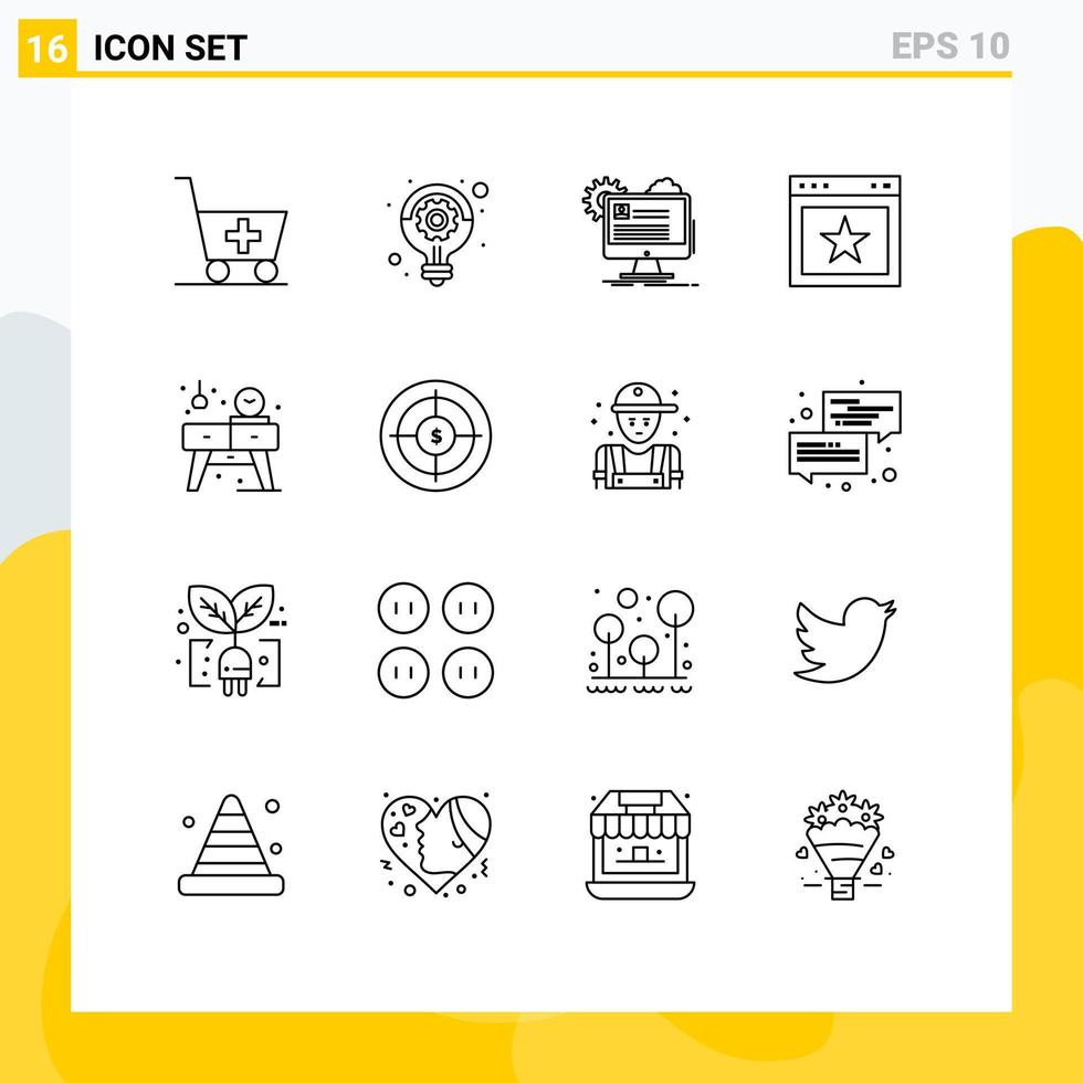 conjunto moderno de 16 contornos e símbolos, como perfil de site vivo, artigo favorito, elementos de design de vetores editáveis