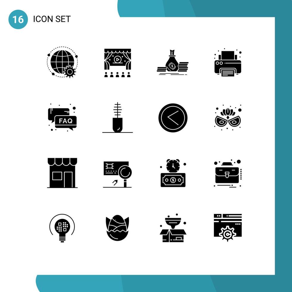 grupo de 16 sinais e símbolos de glifos sólidos para acumulação de impressora faq imprimir dinheiro editável elementos de design vetorial vetor