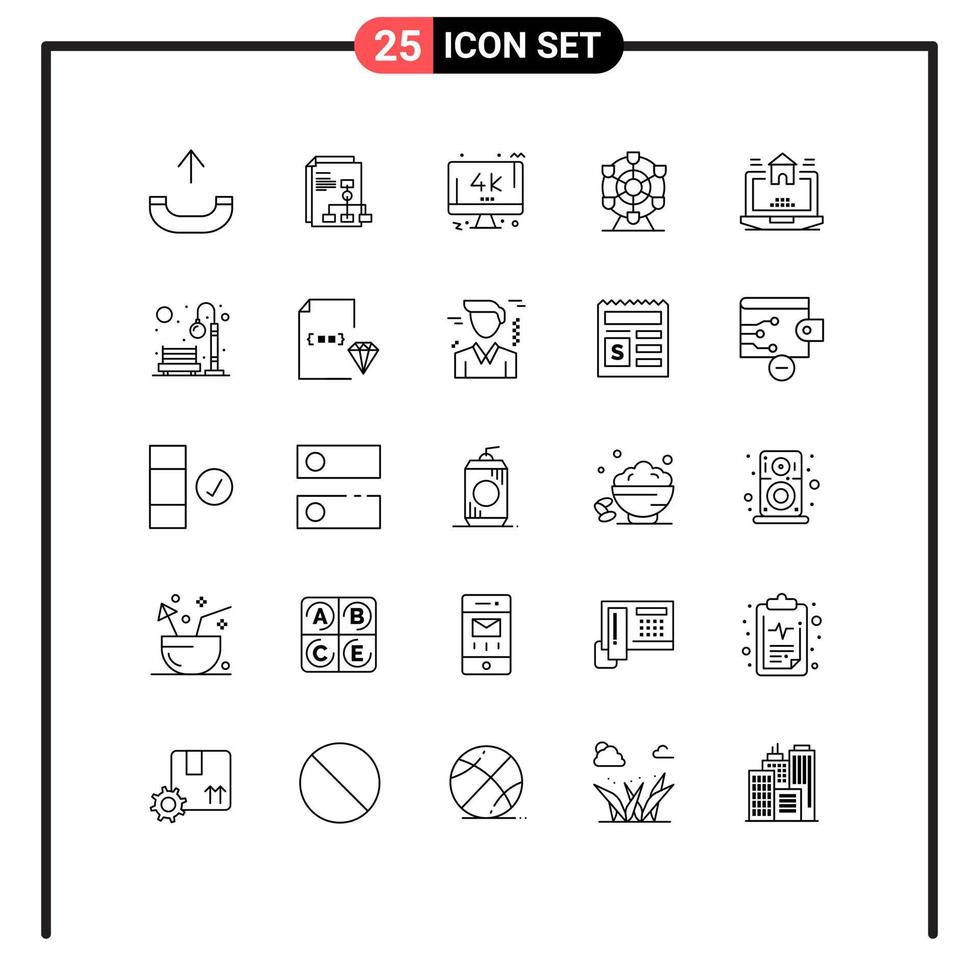 conjunto moderno de pictograma de 25 linhas de elementos de design de vetores editáveis do parque de laptops da tela inicial da propriedade