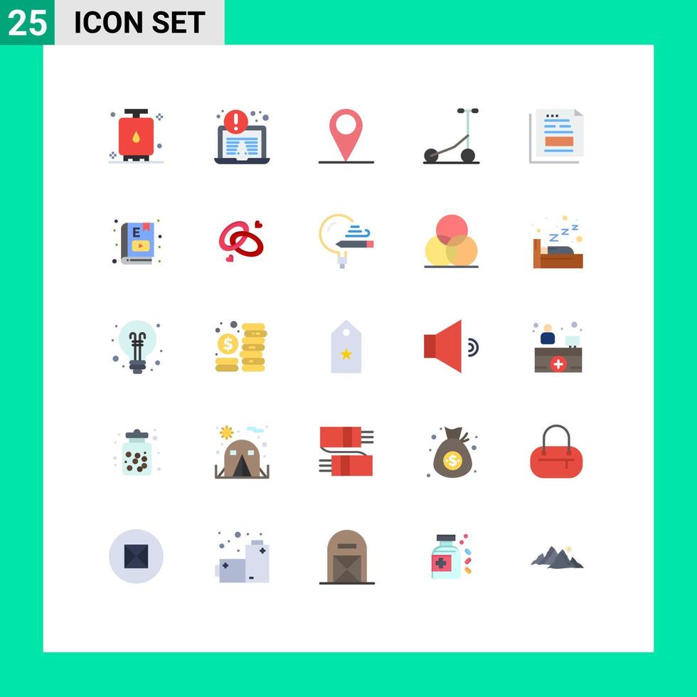 pacote de cores planas de 25 símbolos universais de documento de fatura gps dados esportivos elementos de design vetorial editáveis vetor