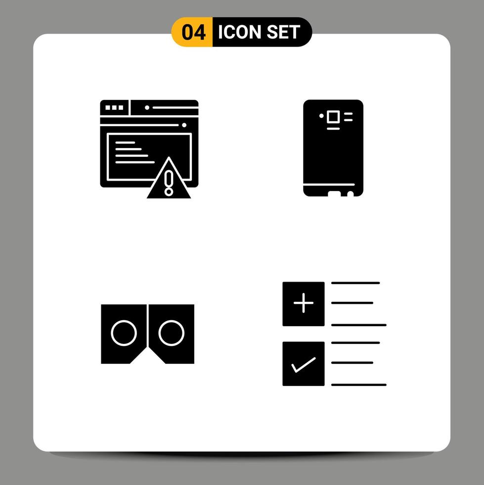 pacote de 4 sinais e símbolos de glifos sólidos modernos para mídia impressa na web, como óculos de SEO alertam elementos de design de vetores editáveis de filmes móveis