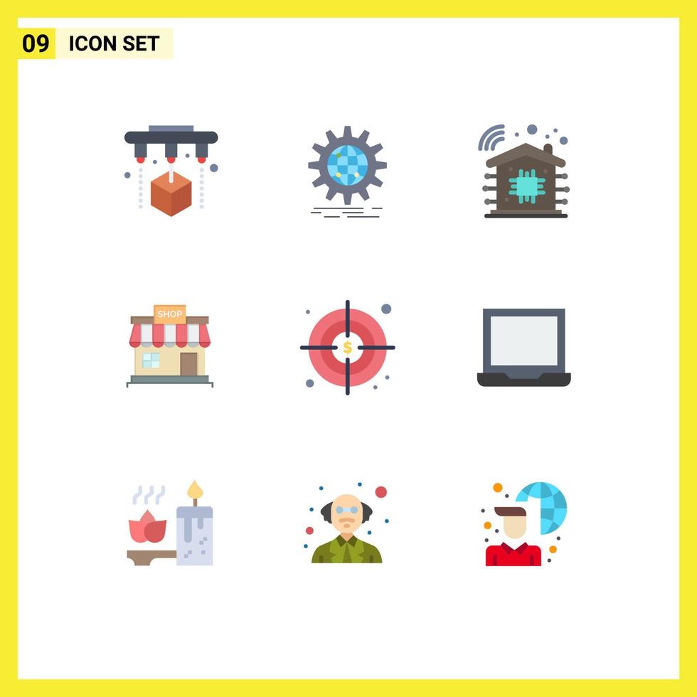 pacote de 9 sinais e símbolos modernos de cores planas para mídia impressa na web, como metas de mercado, loja inteligente, elementos de design vetorial editáveis vetor
