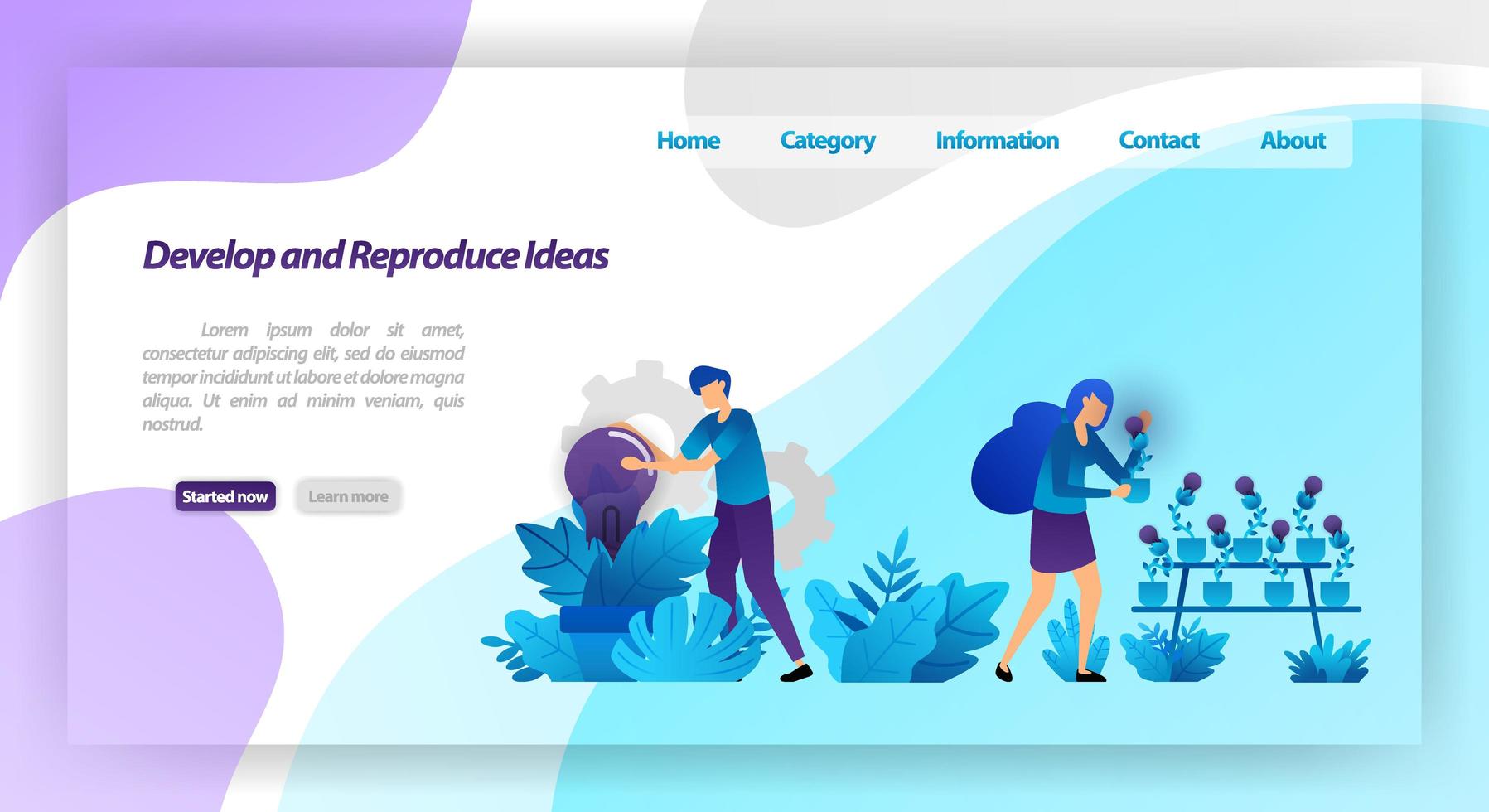 desenvolver e reproduzir ideias. parque com plantas de lâmpada. trabalho em equipe colhendo e cuidando da ideia. conceito de ilustração vetorial para página de destino, ui ux, web, aplicativo móvel, cartaz, banner, site, folheto vetor