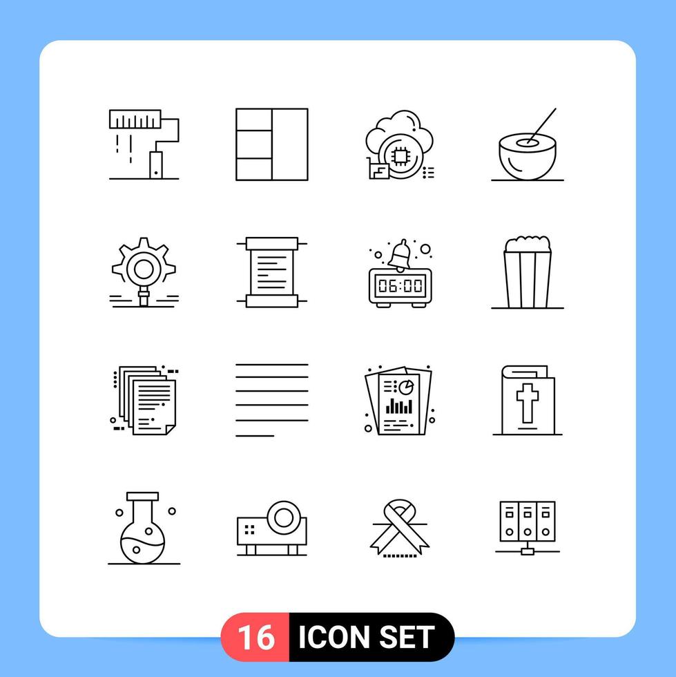 conjunto de pictogramas de 16 contornos simples de elementos de design de vetores editáveis de bebida de processador de alimentos de pesquisa