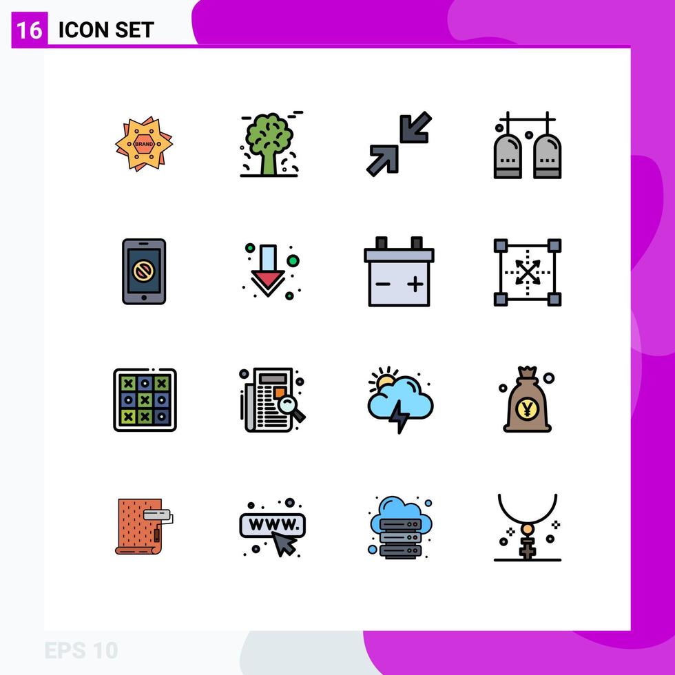 16 interface do usuário pacote de linha cheia de cores planas de sinais e símbolos modernos de equipamento de oxigênio pinheiros mergulho zoom elementos de design de vetores criativos editáveis