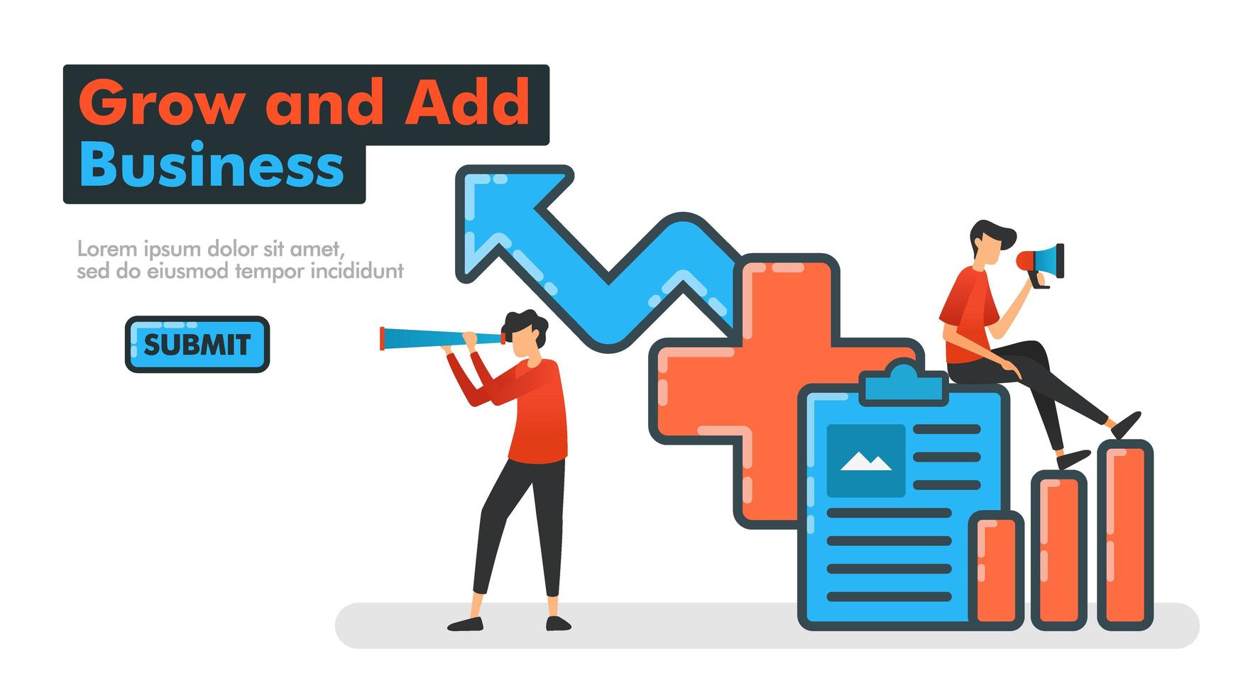 crescer e adicionar ilustração vetorial de linha de negócios. auditar os dados e o desempenho da empresa para adicionar ou adicionar tipos de negócios e aumentar a receita e os lucros financeiros da empresa. para páginas de destino site para celular vetor