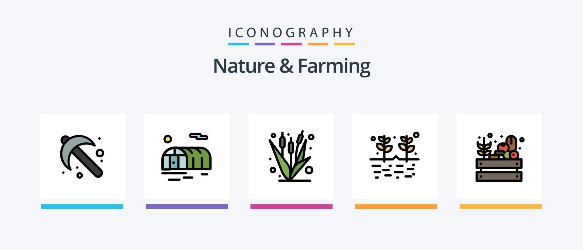 a natureza e a linha agrícola preencheram o pacote de 5 ícones, incluindo a agricultura. colheita. agricultura. Comida. Fazenda. design de ícones criativos vetor