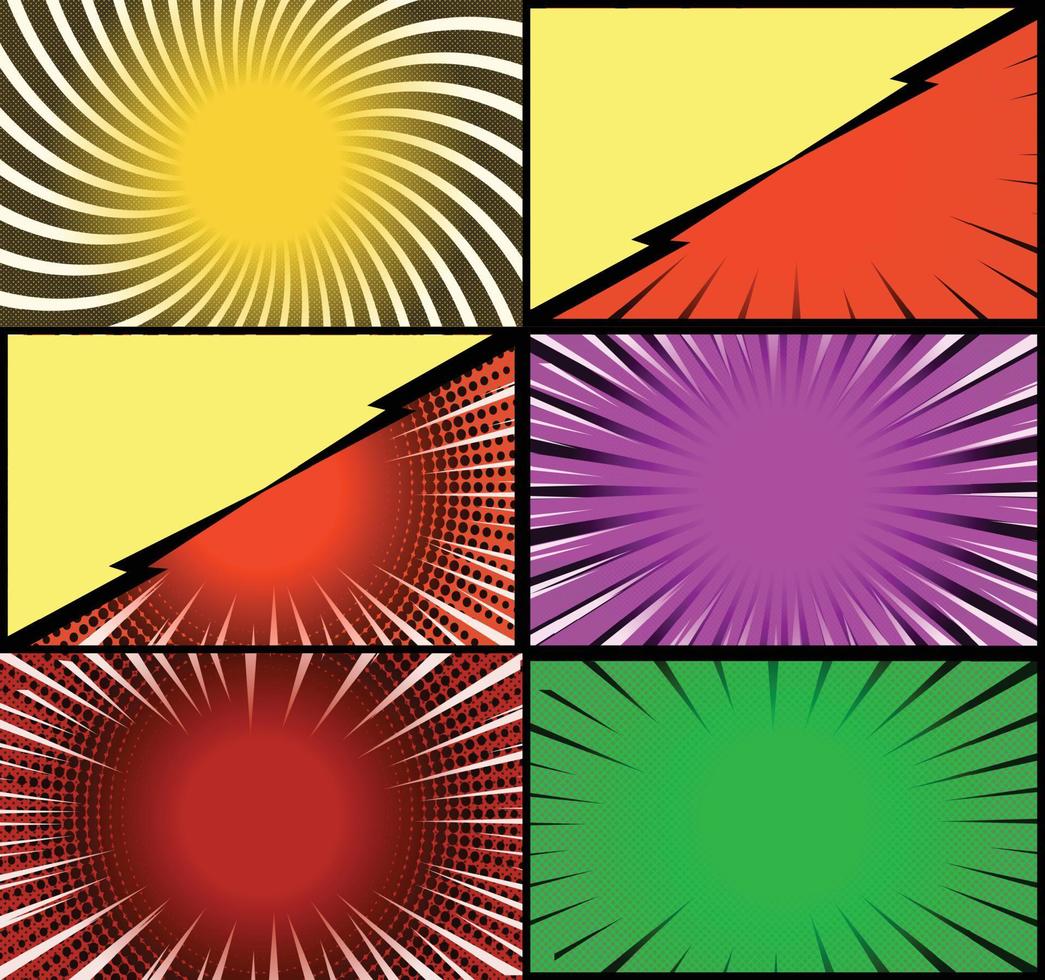 fundo de quadros coloridos de quadrinhos com raios de meio-tom radial e efeitos pontilhados estilo pop art vetor