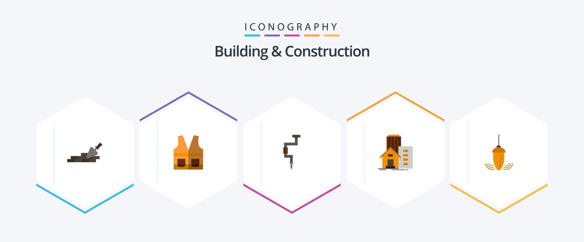 edifício e construção 25 pacote de ícones planos, incluindo apartamento. Estado. reparar. prédio. ferramenta vetor