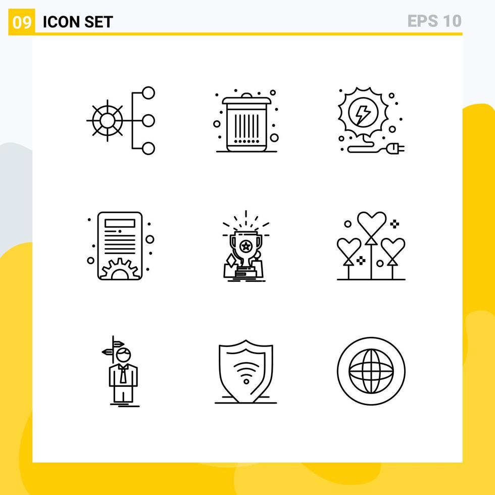 grupo de símbolos de ícone universal de 9 contornos modernos de configurações de desperdício de conquista de copo gerenciamento de conteúdo elementos de design de vetores editáveis