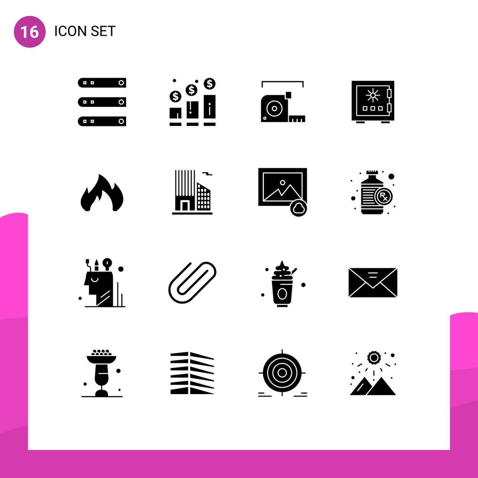 16 conceito de glifo sólido para sites móveis e aplicativos, gráfico de bloqueio de depósito, régua, medidor, elementos de design vetorial editáveis vetor