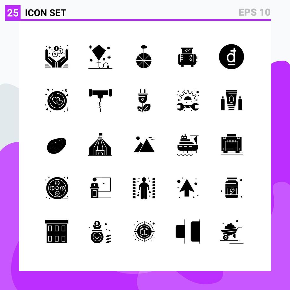 conjunto de glifos sólidos de interface móvel de 25 pictogramas do vietnã torradeira de brinquedo brinde elementos de design de vetores editáveis