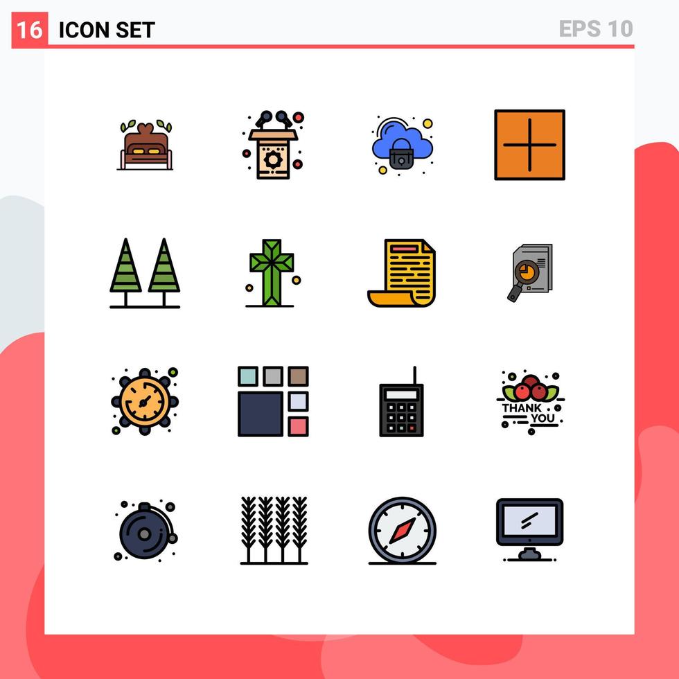 grupo de símbolos de ícones universais de 16 linhas de floresta preenchidas com cores planas modernas e segurança aberta adicionam elementos de design de vetores criativos editáveis