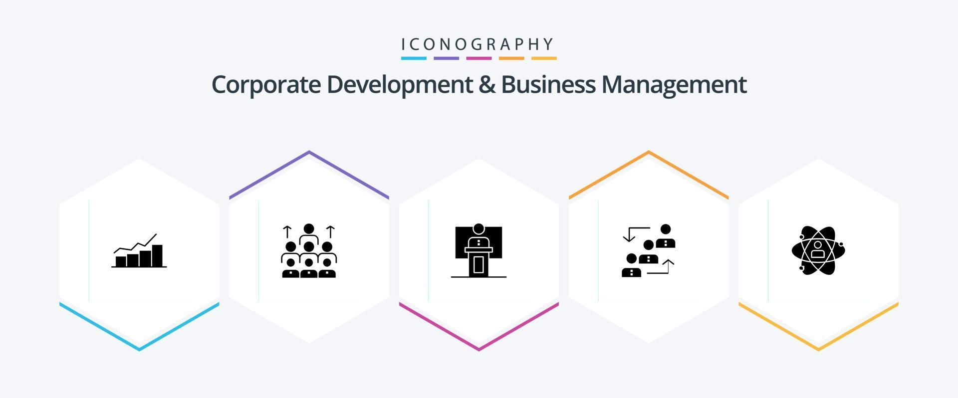 pacote de ícones de 25 glifos de desenvolvimento corporativo e gerenciamento de negócios, incluindo evento. o negócio. humano. discurso. Recursos vetor