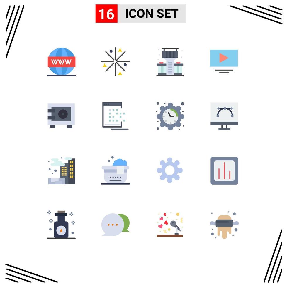 conjunto de cores planas de interface móvel de 16 pictogramas de depósito seguro funciona pacote editável de vídeo do youtube de elementos de design de vetores criativos