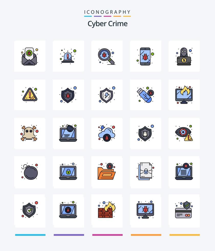 pacote de ícones cheios de 25 linhas de crimes cibernéticos criativos, como espião. Móvel. vermelho. erro. procurar vetor