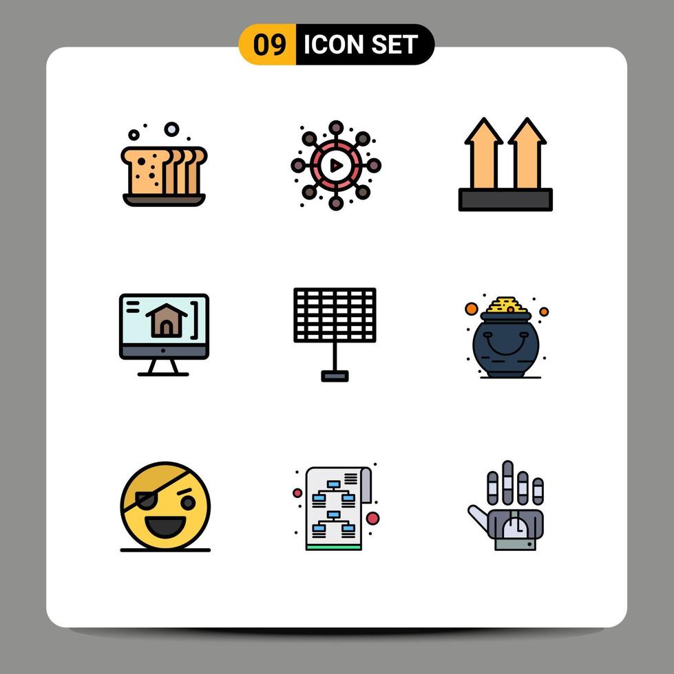 conjunto de pictogramas de 9 cores planas de linha preenchida simples de setas de bateria solar, elementos de design de vetores editáveis de computador doméstico