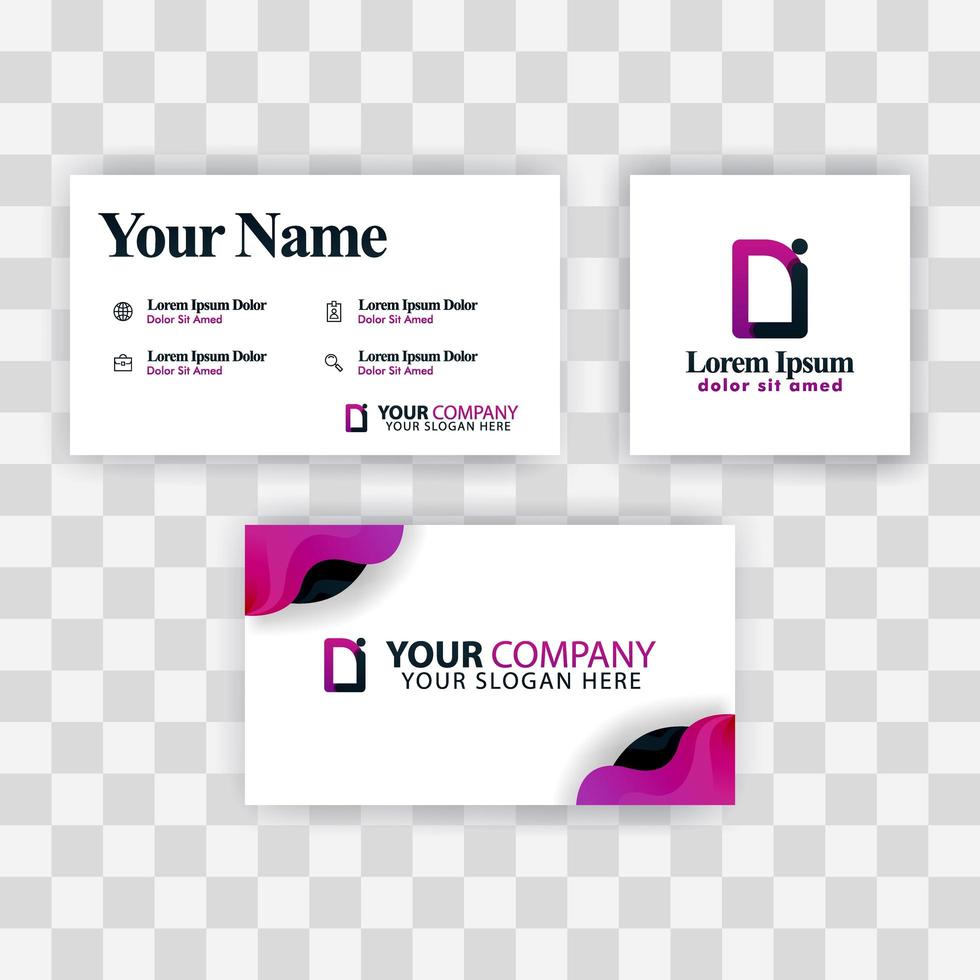 conceito de modelo de cartão de visita limpo. criativo moderno roxo do vetor. gradiente mínimo da id carta logotipo corporativo. fundo de logotipo de luxo di empresa. logo d para impressão, marketing, identidade, identificação vetor