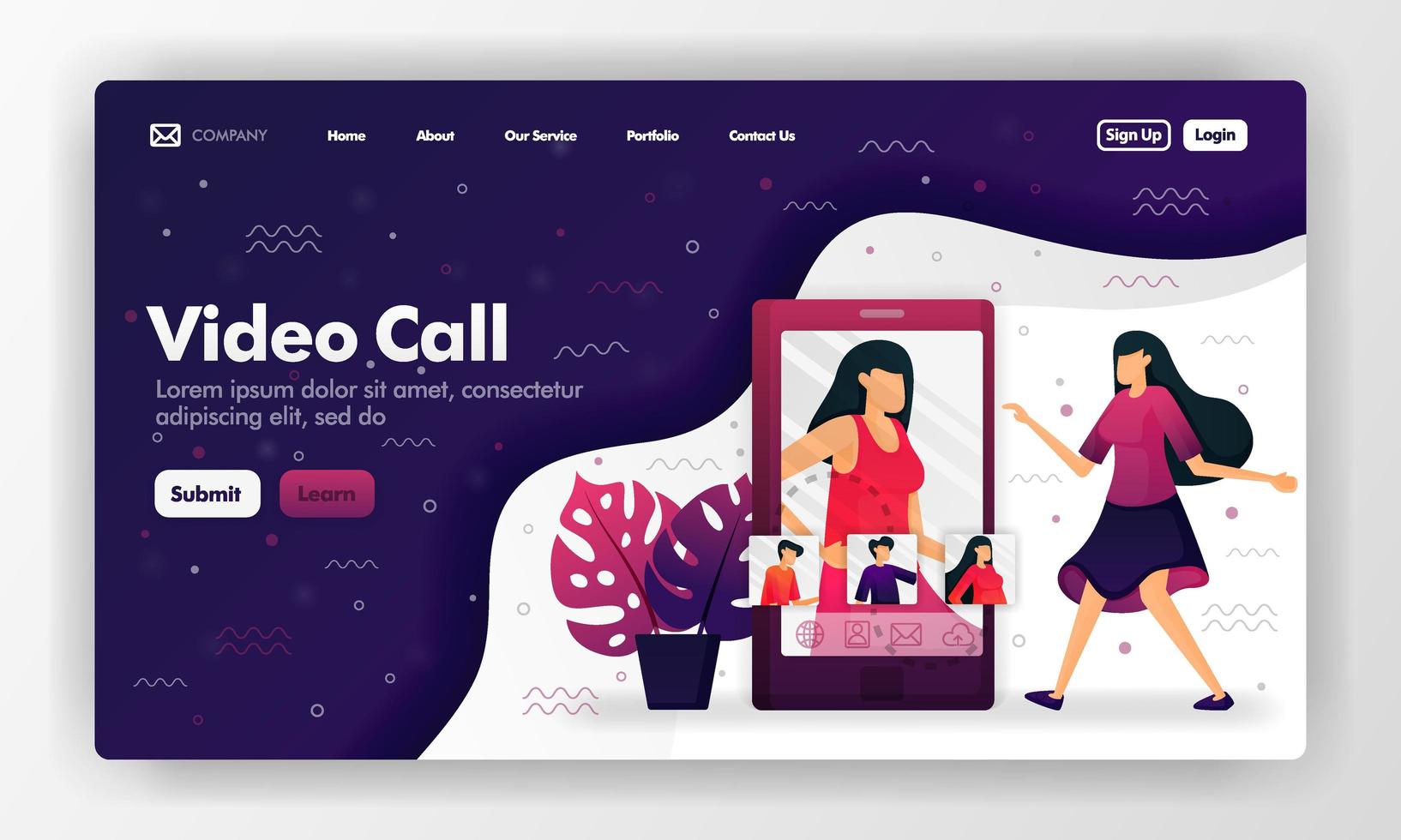 design de vetor de videochamada para site e página de destino com ilustração plana dos desenhos animados. mulheres interagindo na tela do smartphone. pode usar para página de destino, site, ui ux, web, aplicativo para celular, folheto, anúncios